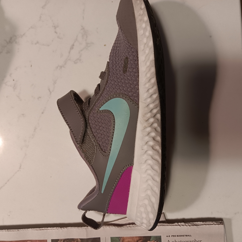 Nike Revolution Gray Sneakers with Teal and Pink Highlights Childrens Girls